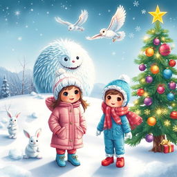 A charming winter scene titled 'The Christmas Star' featuring a whimsical frosty monster with glistening icy fur in the background