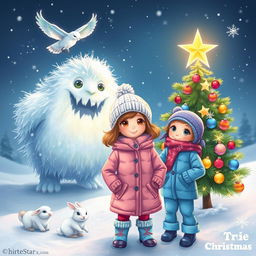 A charming winter scene titled 'The Christmas Star' featuring a whimsical frosty monster with glistening icy fur in the background