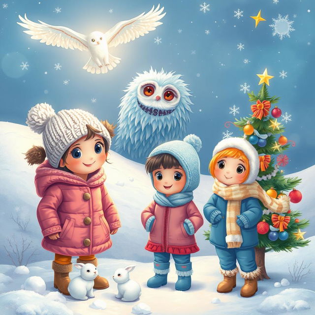 A charming winter scene titled 'The Christmas Star' featuring a whimsical frosty monster with glistening icy fur in the background