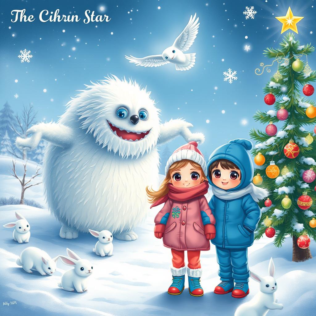 A charming winter scene titled 'The Christmas Star' featuring a whimsical frosty monster with glistening icy fur in the background