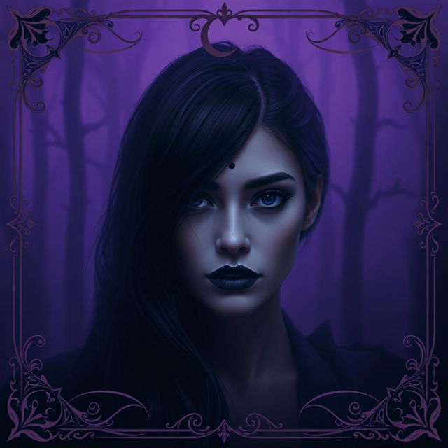 A mysterious scene set against a dark, atmospheric background dominated by shades of purple, resembling a foggy forest