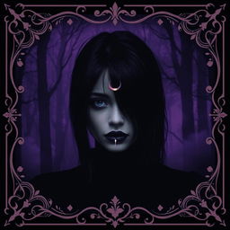 A mysterious scene set against a dark, atmospheric background dominated by shades of purple, resembling a foggy forest