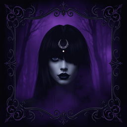 A mysterious scene set against a dark, atmospheric background dominated by shades of purple, resembling a foggy forest