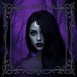 A mysterious scene set against a dark, atmospheric background dominated by shades of purple, resembling a foggy forest