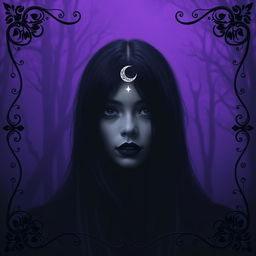 A mysterious scene set against a dark, atmospheric background dominated by shades of purple, resembling a foggy forest