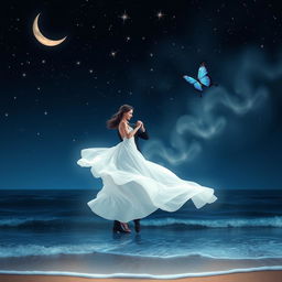 A romantic night scene featuring stars twinkling in the dark sky, with a crescent moon positioned in the upper left corner