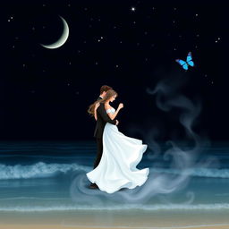 A romantic night scene featuring stars twinkling in the dark sky, with a crescent moon positioned in the upper left corner
