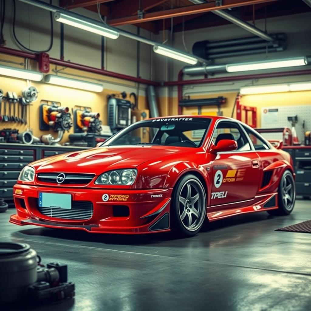 A dynamic scene illustrating the tuning process for an Opel Tigra 1st generation