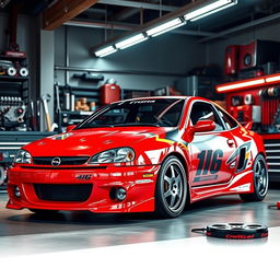 A dynamic scene illustrating the tuning process for an Opel Tigra 1st generation