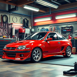A dynamic scene illustrating the tuning process for an Opel Tigra 1st generation