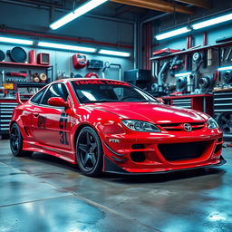 A dynamic scene illustrating the tuning process for an Opel Tigra 1st generation