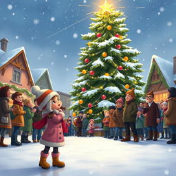 A whimsical and heartwarming winter scene depicting the anticipation of the MistWood Town Christmas Star ceremony