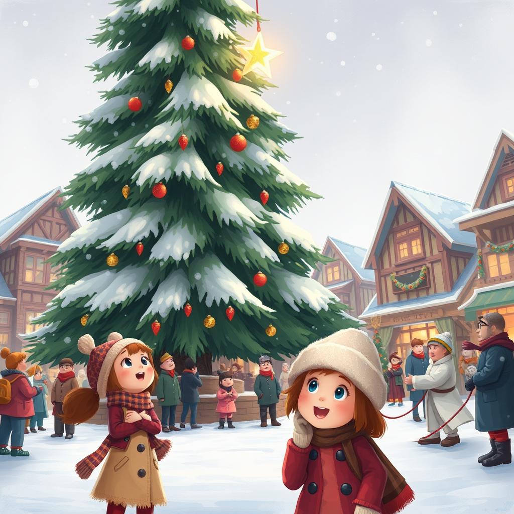 A whimsical and heartwarming winter scene depicting the anticipation of the MistWood Town Christmas Star ceremony