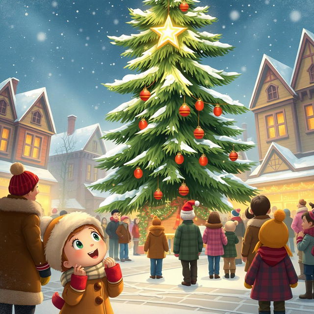 A whimsical and heartwarming winter scene depicting the anticipation of the MistWood Town Christmas Star ceremony