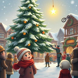 A whimsical and heartwarming winter scene depicting the anticipation of the MistWood Town Christmas Star ceremony