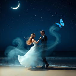 A romantic night scene featuring stars shining brightly in a deep blue sky, with a crescent moon glowing softly in the upper left corner
