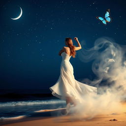 A romantic night scene featuring stars shining brightly in a deep blue sky, with a crescent moon glowing softly in the upper left corner