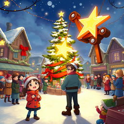 A vibrant and heartwarming scene depicting Michelle and Chloe as they eagerly await the MistWood Town Christmas Star ceremony
