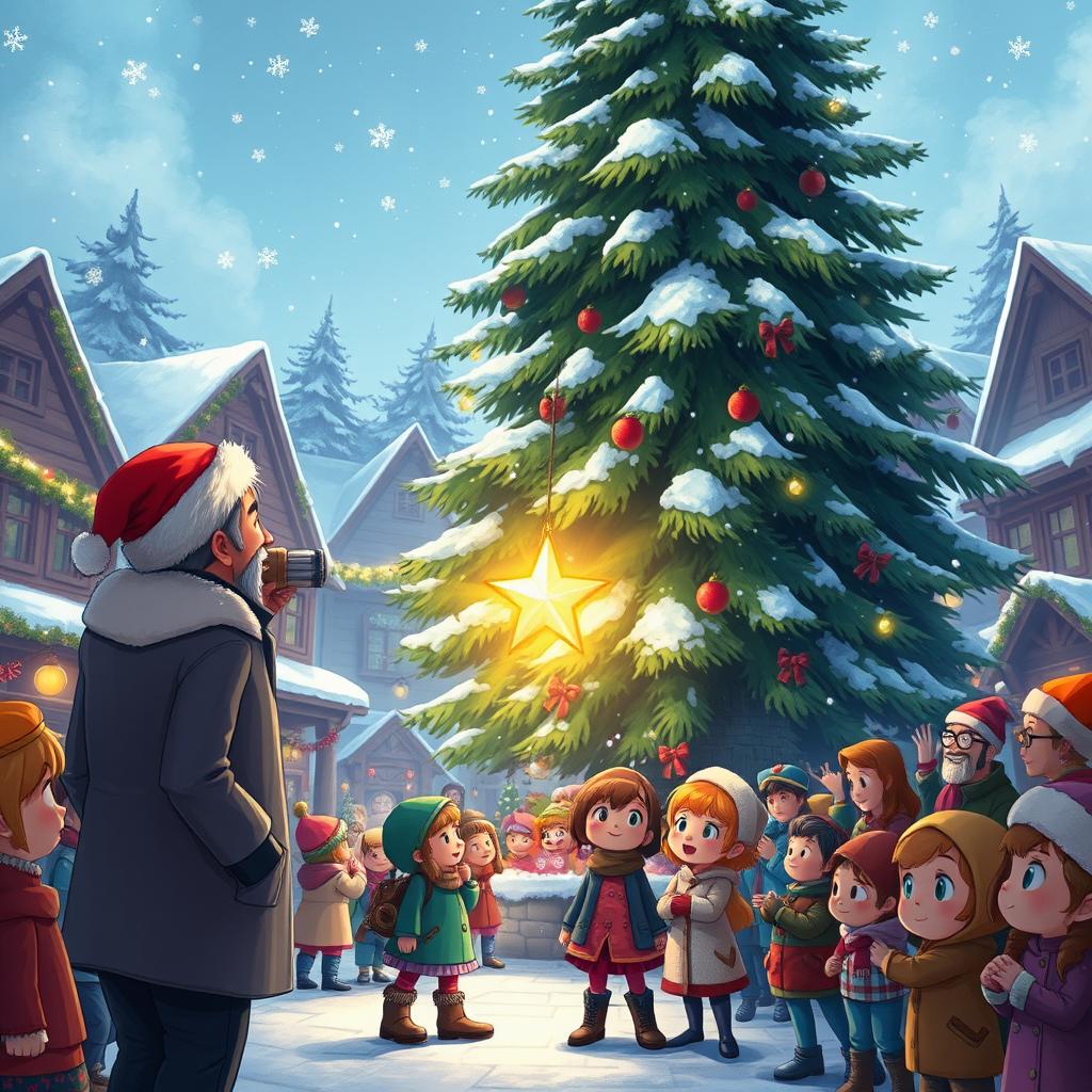 A vibrant and heartwarming scene depicting Michelle and Chloe as they eagerly await the MistWood Town Christmas Star ceremony