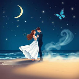 A beautifully crafted romantic night scene featuring gleaming stars scattered across the deep blue sky, with a delicate crescent moon gracefully positioned in the upper left corner