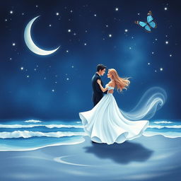 A beautifully crafted romantic night scene featuring gleaming stars scattered across the deep blue sky, with a delicate crescent moon gracefully positioned in the upper left corner
