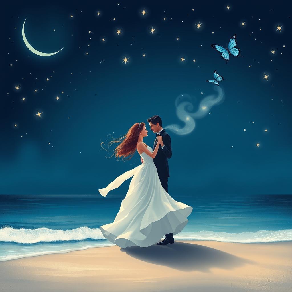 A beautifully crafted romantic night scene featuring gleaming stars scattered across the deep blue sky, with a delicate crescent moon gracefully positioned in the upper left corner