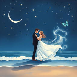 A beautifully crafted romantic night scene featuring gleaming stars scattered across the deep blue sky, with a delicate crescent moon gracefully positioned in the upper left corner