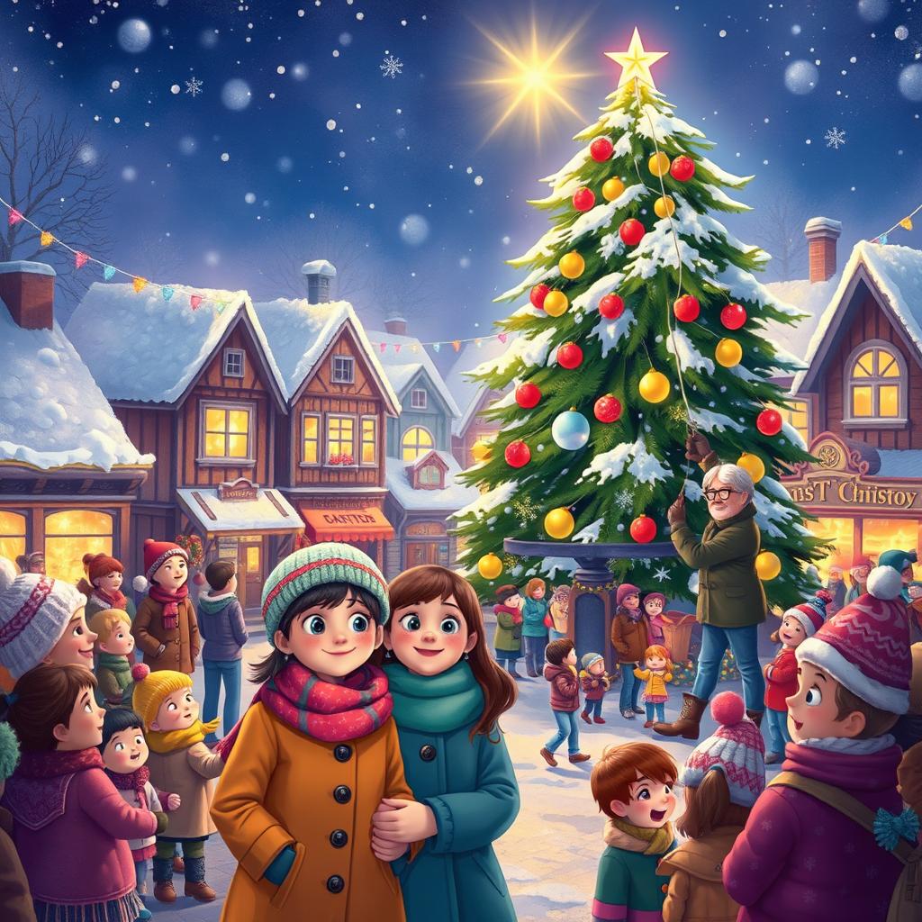 A charming winter scene capturing Michelle and Chloe as they eagerly await the MistWood Town Christmas Star ceremony in the bustling town square