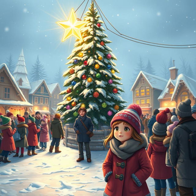 A charming winter scene capturing Michelle and Chloe as they eagerly await the MistWood Town Christmas Star ceremony in the bustling town square