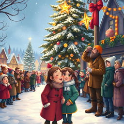 A charming winter scene capturing Michelle and Chloe as they eagerly await the MistWood Town Christmas Star ceremony in the bustling town square