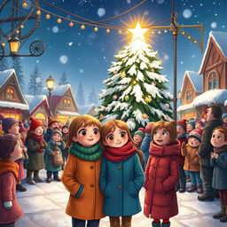 A charming winter scene capturing Michelle and Chloe as they eagerly await the MistWood Town Christmas Star ceremony in the bustling town square