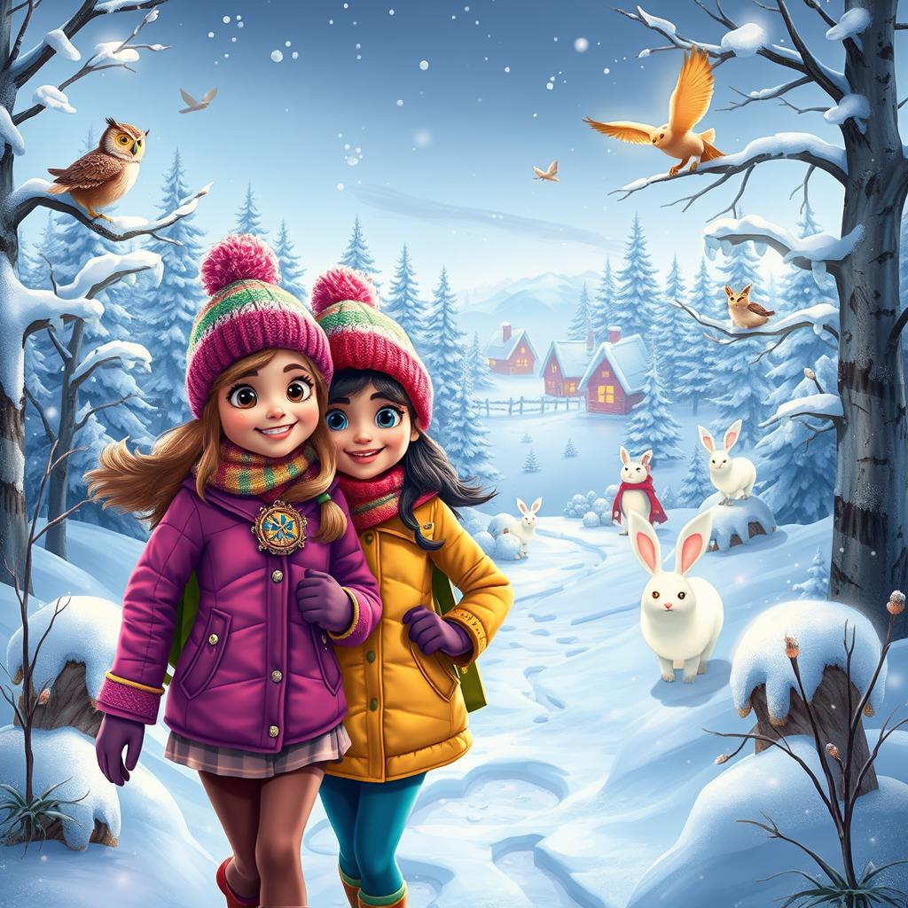 An enchanting and adventurous winter scene featuring Michelle and Chloe, bundled up in colorful winter attire, determined to solve the mystery of the missing Christmas Star