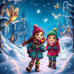 An enchanting and adventurous winter scene featuring Michelle and Chloe, bundled up in colorful winter attire, determined to solve the mystery of the missing Christmas Star
