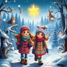 An enchanting and adventurous winter scene featuring Michelle and Chloe, bundled up in colorful winter attire, determined to solve the mystery of the missing Christmas Star