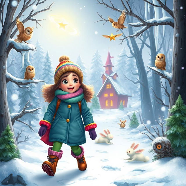 An enchanting and adventurous winter scene featuring Michelle and Chloe, bundled up in colorful winter attire, determined to solve the mystery of the missing Christmas Star