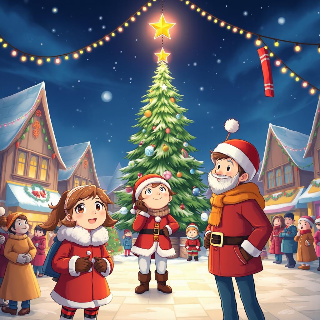 An enchanting and festive scene showing Michelle and Chloe, full of anticipation, as they await the MistWood Town Christmas Star ceremony in a lively town square