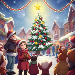 An enchanting and festive scene showing Michelle and Chloe, full of anticipation, as they await the MistWood Town Christmas Star ceremony in a lively town square