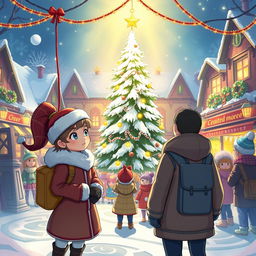 An enchanting and festive scene showing Michelle and Chloe, full of anticipation, as they await the MistWood Town Christmas Star ceremony in a lively town square