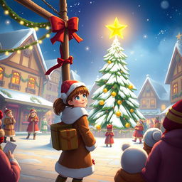 An enchanting and festive scene showing Michelle and Chloe, full of anticipation, as they await the MistWood Town Christmas Star ceremony in a lively town square