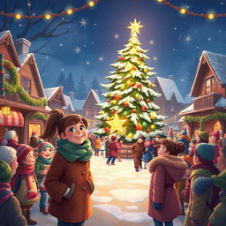 A lively and heartwarming scene depicting Michelle and Chloe in the bustling MistWood Town square, filled with holiday spirit as they eagerly await the Christmas Star ceremony