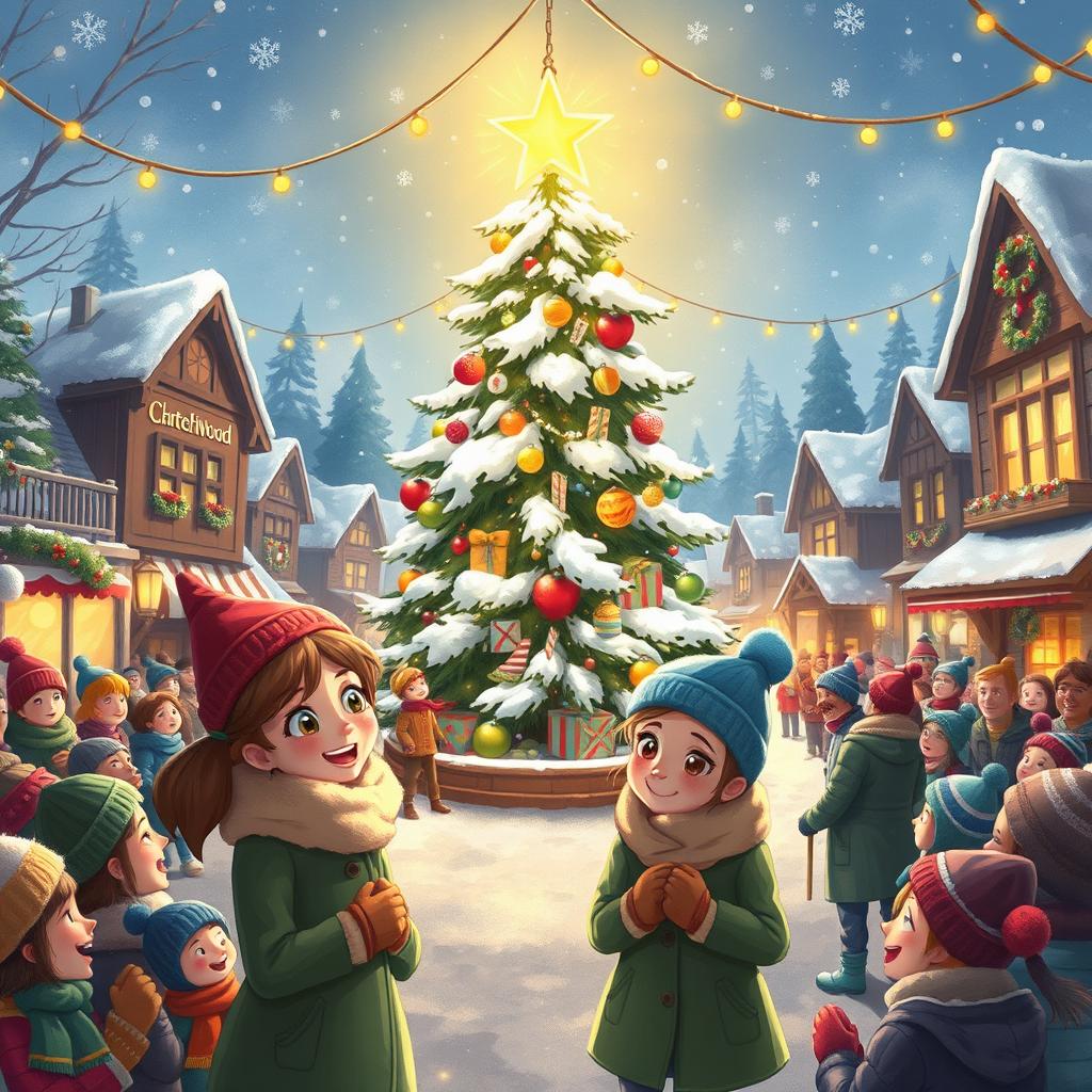 A lively and heartwarming scene depicting Michelle and Chloe in the bustling MistWood Town square, filled with holiday spirit as they eagerly await the Christmas Star ceremony