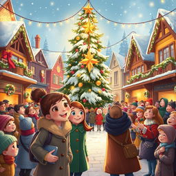 A lively and heartwarming scene depicting Michelle and Chloe in the bustling MistWood Town square, filled with holiday spirit as they eagerly await the Christmas Star ceremony