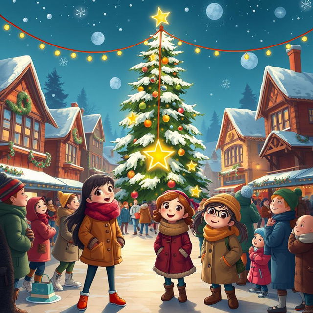 A lively and heartwarming scene depicting Michelle and Chloe in the bustling MistWood Town square, filled with holiday spirit as they eagerly await the Christmas Star ceremony