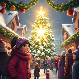 A vibrant and festive scene capturing Michelle and Chloe in the bustling MistWood Town square, brimming with holiday cheer as they eagerly await the Christmas Star ceremony