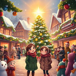 A vibrant and festive scene capturing Michelle and Chloe in the bustling MistWood Town square, brimming with holiday cheer as they eagerly await the Christmas Star ceremony