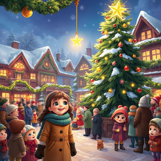 A vibrant and festive scene capturing Michelle and Chloe in the bustling MistWood Town square, brimming with holiday cheer as they eagerly await the Christmas Star ceremony