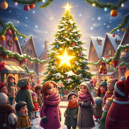 A vibrant and festive scene capturing Michelle and Chloe in the bustling MistWood Town square, brimming with holiday cheer as they eagerly await the Christmas Star ceremony
