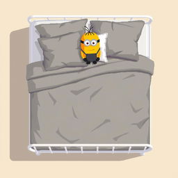 A 2D pixel art illustration depicting a top-down view of a bed with a white metal frame