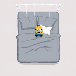 A 2D pixel art illustration depicting a top-down view of a bed with a white metal frame