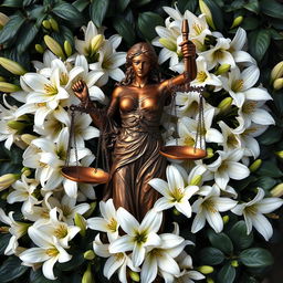 A stunning statue of Justice (Themis), blindfolded and holding scales, is prominently displayed at the center of the image